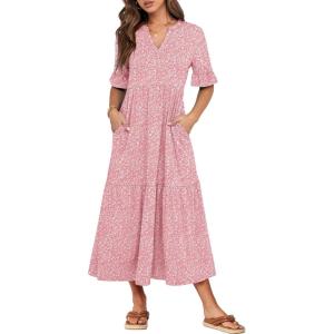 image:imageANRABESS Womens Summer Maxi Dresses Casual Ruffle Short Sleeve V Neck Flowy Tiered 2026 Spring T Shirts Beach Boho DressPink Floral