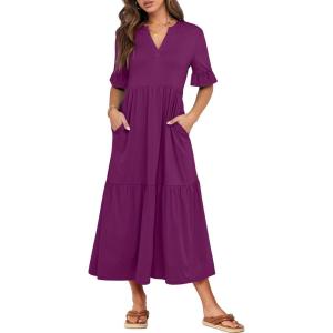image:imageANRABESS Womens Summer Maxi Dresses Casual Ruffle Short Sleeve V Neck Flowy Tiered 2026 Spring T Shirts Beach Boho DressPurple