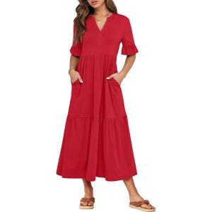 image:imageANRABESS Womens Summer Maxi Dresses Casual Ruffle Short Sleeve V Neck Flowy Tiered 2026 Spring T Shirts Beach Boho DressRed
