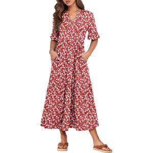 image:imageANRABESS Womens Summer Maxi Dresses Casual Ruffle Short Sleeve V Neck Flowy Tiered 2026 Spring T Shirts Beach Boho DressRed Floral