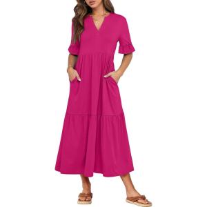 image:imageANRABESS Womens Summer Maxi Dresses Casual Ruffle Short Sleeve V Neck Flowy Tiered 2026 Spring T Shirts Beach Boho DressRose