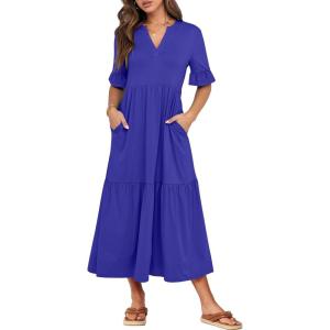 image:imageANRABESS Womens Summer Maxi Dresses Casual Ruffle Short Sleeve V Neck Flowy Tiered 2026 Spring T Shirts Beach Boho DressRoyal Blue