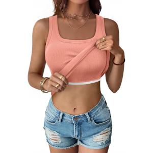image:imageANRABESS Womens Tank Tops Built in Bra Summer Scoop Neck Sleeveless Basic Tee Ribbed Fitted Casual Shirts 2026 Trendy ClothesCoral