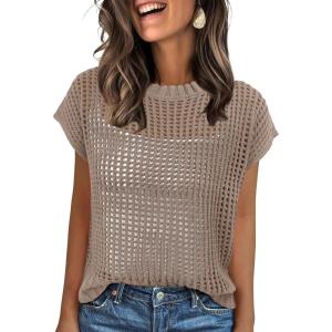image:imageANRABESS Womens Tops 2026 Trendy Summer Shirts Crochet Cap Sleeve Knitted Sweater Spring Beach Vacation ClothesKhaki