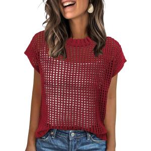 image:imageANRABESS Womens Tops 2026 Trendy Summer Shirts Crochet Cap Sleeve Knitted Sweater Spring Beach Vacation ClothesRed