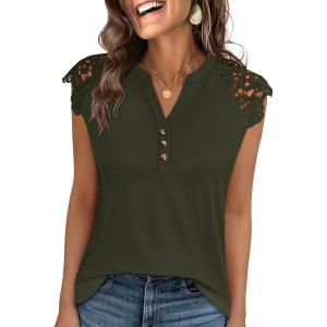 image:imageANRABESS Womens Tops Dressy Casual Lace Cap Sleeve Henley Shirts Summer Sleeveless Button Up Blouses 2026 Spring OutfitsArmy Green