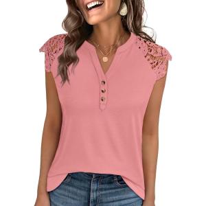 image:imageANRABESS Womens Tops Dressy Casual Lace Cap Sleeve Henley Shirts Summer Sleeveless Button Up Blouses 2026 Spring OutfitsCoral