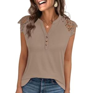 image:imageANRABESS Womens Tops Dressy Casual Lace Cap Sleeve Henley Shirts Summer Sleeveless Button Up Blouses 2026 Spring OutfitsKhaki