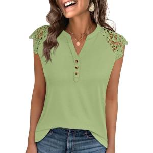image:imageANRABESS Womens Tops Dressy Casual Lace Cap Sleeve Henley Shirts Summer Sleeveless Button Up Blouses 2026 Spring OutfitsLight Green