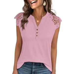 image:imageANRABESS Womens Tops Dressy Casual Lace Cap Sleeve Henley Shirts Summer Sleeveless Button Up Blouses 2026 Spring OutfitsPink
