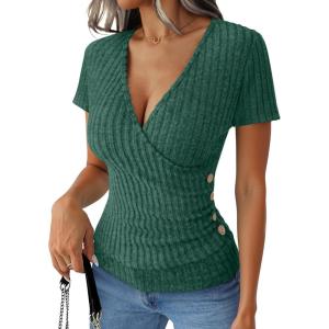 image:imageANRABESS Womens Tops Short Sleeve V Neck Sexy Ribbed Knit Slim Fit Lightweight Sweater 2026 Summer Dressy Casual TShirtsGreen
