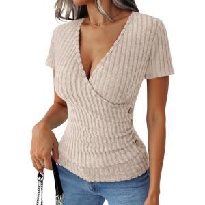 image:imageANRABESS Womens Tops Short Sleeve V Neck Sexy Ribbed Knit Slim Fit Lightweight Sweater 2026 Summer Dressy Casual TShirtsLight Khaki