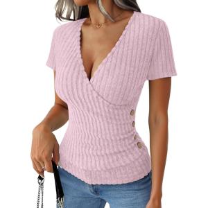 image:imageANRABESS Womens Tops Short Sleeve V Neck Sexy Ribbed Knit Slim Fit Lightweight Sweater 2026 Summer Dressy Casual TShirtsPink