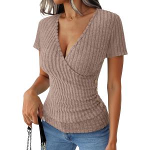 image:imageANRABESS Womens Tops Short Sleeve V Neck Sexy Ribbed Knit Slim Fit Lightweight Sweater 2026 Summer Dressy Casual TShirtsTan