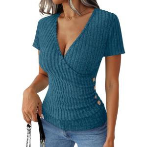 image:imageANRABESS Womens Tops Short Sleeve V Neck Sexy Ribbed Knit Slim Fit Lightweight Sweater 2026 Summer Dressy Casual TShirtsTeal