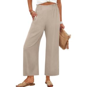 image:imageANRABESS Womens Wide Leg Palazzo Pants Summer Beach High Waisted Cropped Flowy Pants 2026 Dressy Casual Trousers with PocketsParchment