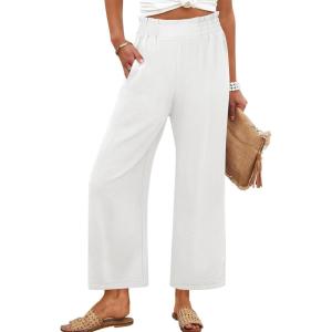 image:imageANRABESS Womens Wide Leg Palazzo Pants Summer Beach High Waisted Cropped Flowy Pants 2026 Dressy Casual Trousers with PocketsWhite