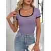 image:imageANRABESS Women Short Sleeve Tops Square Neck Ribbed Knit Color Block T Shirts Fitted Casual Summer 2026 Trendy Basic TeesLight Purple