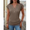 image:imageANRABESS Womens Cap Sleeve Henley Shirts V Neck Ruched Side Top 2026 Summer Dressy Work Blouse Business Casual OutfitsLight Coffee