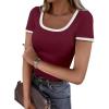 image:imageANRABESS Women Short Sleeve Tops Square Neck Ribbed Knit Color Block T Shirts Fitted Casual Summer 2026 Trendy Basic TeesWine Red