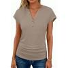 image:imageANRABESS Womens Cap Sleeve Henley Shirts V Neck Ruched Side Top 2026 Summer Dressy Work Blouse Business Casual OutfitsLight Brown