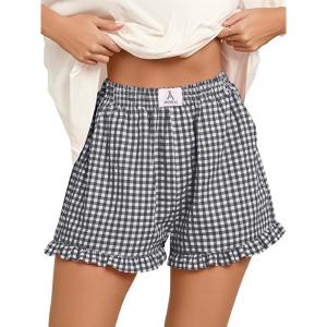 image:imageANRABESS Boxer Shorts for WomenGingham Plaid Elastic Waist RufflePerfect for LoungePajamaampSleepCute Casual Summer BottomsBlack White Plaid
