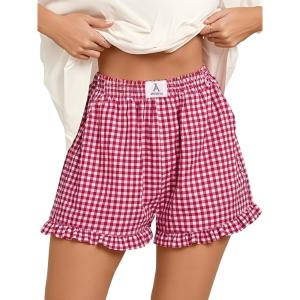 image:imageANRABESS Boxer Shorts for WomenGingham Plaid Elastic Waist RufflePerfect for LoungePajamaampSleepCute Casual Summer BottomsRed White Plaid