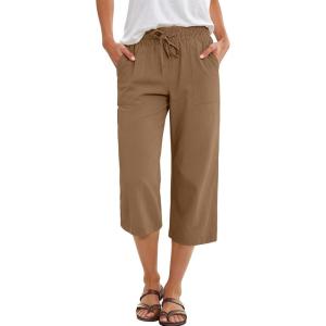 image:imageANRABESS Capris Pants for Women Summer Casual Loose Drawstring Elastic High Waist Straight 2026 Lounge Beach Cropped TrousersBrown