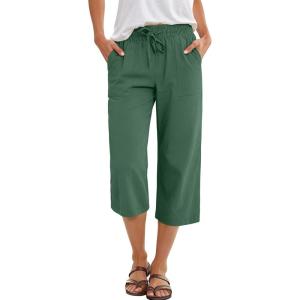 image:imageANRABESS Capris Pants for Women Summer Casual Loose Drawstring Elastic High Waist Straight 2026 Lounge Beach Cropped TrousersForest Green