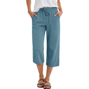image:imageANRABESS Capris Pants for Women Summer Casual Loose Drawstring Elastic High Waist Straight 2026 Lounge Beach Cropped TrousersLake Bule