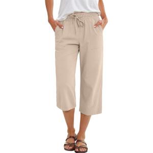 image:imageANRABESS Capris Pants for Women Summer Casual Loose Drawstring Elastic High Waist Straight 2026 Lounge Beach Cropped TrousersLight Beige