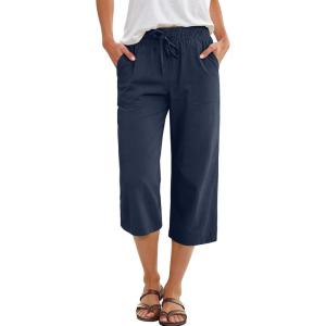 image:imageANRABESS Capris Pants for Women Summer Casual Loose Drawstring Elastic High Waist Straight 2026 Lounge Beach Cropped TrousersNavy Blue
