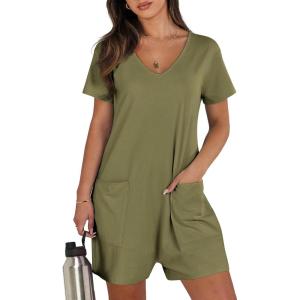 image:imageANRABESS Rompers for Women Summer Casual Short Sleeve Jumpsuits V Neck Loose Fit One Piece Outfits with Pockets 2026 ClothesArmy Green