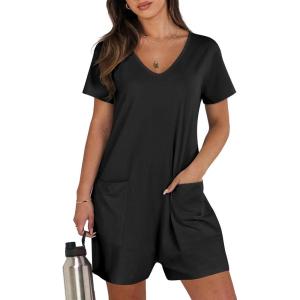 image:imageANRABESS Rompers for Women Summer Casual Short Sleeve Jumpsuits V Neck Loose Fit One Piece Outfits with Pockets 2026 ClothesBlack