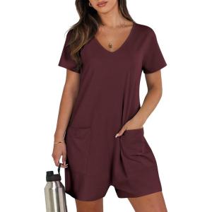 image:imageANRABESS Rompers for Women Summer Casual Short Sleeve Jumpsuits V Neck Loose Fit One Piece Outfits with Pockets 2026 ClothesBurgundy