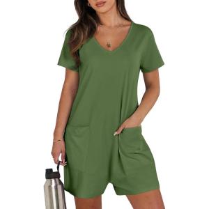 image:imageANRABESS Rompers for Women Summer Casual Short Sleeve Jumpsuits V Neck Loose Fit One Piece Outfits with Pockets 2026 ClothesGreen