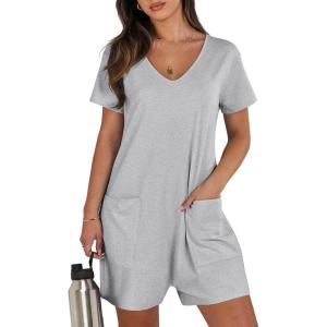 image:imageANRABESS Rompers for Women Summer Casual Short Sleeve Jumpsuits V Neck Loose Fit One Piece Outfits with Pockets 2026 ClothesGrey