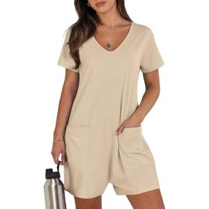 image:imageANRABESS Rompers for Women Summer Casual Short Sleeve Jumpsuits V Neck Loose Fit One Piece Outfits with Pockets 2026 ClothesKhaki