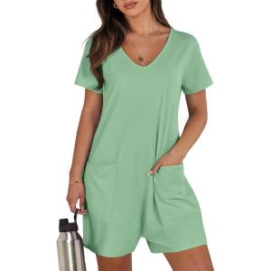 image:imageANRABESS Rompers for Women Summer Casual Short Sleeve Jumpsuits V Neck Loose Fit One Piece Outfits with Pockets 2026 ClothesLight Green