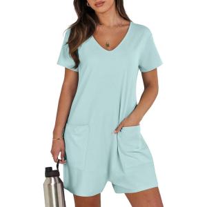 image:imageANRABESS Rompers for Women Summer Casual Short Sleeve Jumpsuits V Neck Loose Fit One Piece Outfits with Pockets 2026 ClothesMint Green