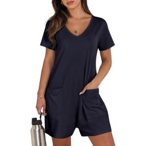 image:imageANRABESS Rompers for Women Summer Casual Short Sleeve Jumpsuits V Neck Loose Fit One Piece Outfits with Pockets 2026 ClothesNavy Blue