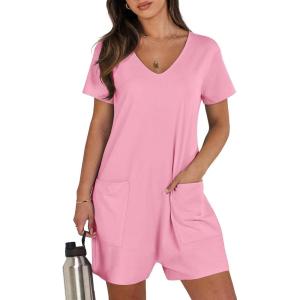 image:imageANRABESS Rompers for Women Summer Casual Short Sleeve Jumpsuits V Neck Loose Fit One Piece Outfits with Pockets 2026 ClothesPink
