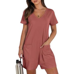 image:imageANRABESS Rompers for Women Summer Casual Short Sleeve Jumpsuits V Neck Loose Fit One Piece Outfits with Pockets 2026 ClothesRust
