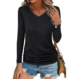 image:imageANRABESS Shirts for Women Long Sleeve V Neck Tops Dressy Business Casual Side Ruched TShirts 2026 Fall Tee Blouses OutfitsBlack