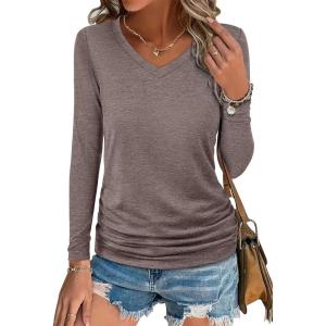 image:imageANRABESS Shirts for Women Long Sleeve V Neck Tops Dressy Business Casual Side Ruched TShirts 2026 Fall Tee Blouses OutfitsBrown