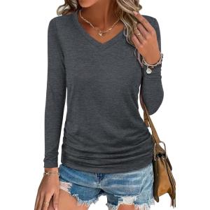 image:imageANRABESS Shirts for Women Long Sleeve V Neck Tops Dressy Business Casual Side Ruched TShirts 2026 Fall Tee Blouses OutfitsDark Grey