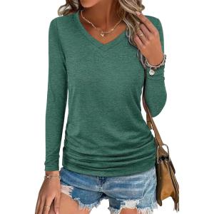 image:imageANRABESS Shirts for Women Long Sleeve V Neck Tops Dressy Business Casual Side Ruched TShirts 2026 Fall Tee Blouses OutfitsForest Green