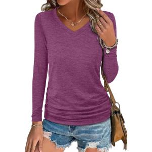image:imageANRABESS Shirts for Women Long Sleeve V Neck Tops Dressy Business Casual Side Ruched TShirts 2026 Fall Tee Blouses OutfitsFuchsia