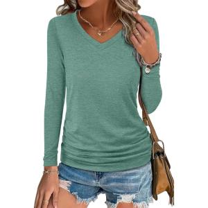 image:imageANRABESS Shirts for Women Long Sleeve V Neck Tops Dressy Business Casual Side Ruched TShirts 2026 Fall Tee Blouses OutfitsLight Green