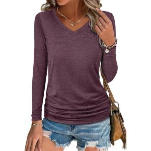 image:imageANRABESS Shirts for Women Long Sleeve V Neck Tops Dressy Business Casual Side Ruched TShirts 2026 Fall Tee Blouses OutfitsMaroon